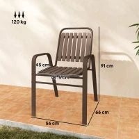 Set 4 Sedie per Esterno Impilabili con Schienale Alto e Braccioli, in Acciaio e PP, 56x66x91 cm, Marrone Scuro