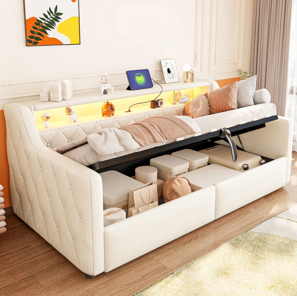 LETTO 90x200 cm con LED e contenitore idraulico, lino beige, USB e Tipo C