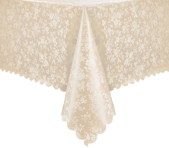 Tavolo coperto di tessuto impermeabile 140x180 cm beige rettangolare 350 g/m² con fiori, copertura per tavolo in plastica impermeabile, resistente all'acqua e al tempo, robusto per feste, esterno, Natale, Capodanno, giardino, primavera