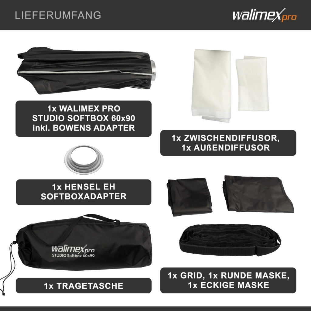Studio Softbox 60x90cm + adattatore softbox per Hensel Expert, ruotabile a 360°, facile da montare grazie alla funzione ombrello, include griglia, maschere
