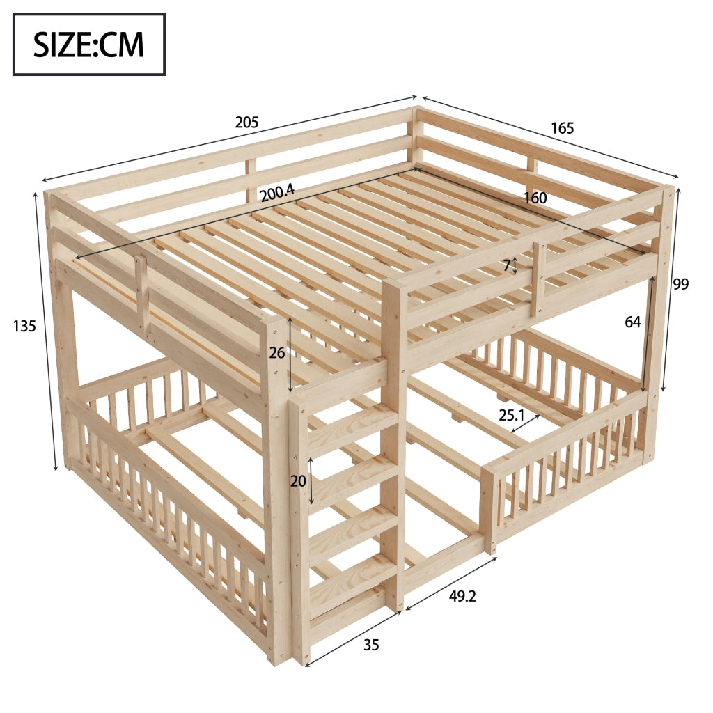 Letto a Castello 160x200 cm; Letto 2 Posti - Sponde di Sicurezza - in MDF e Legno Massiccio - Naturale