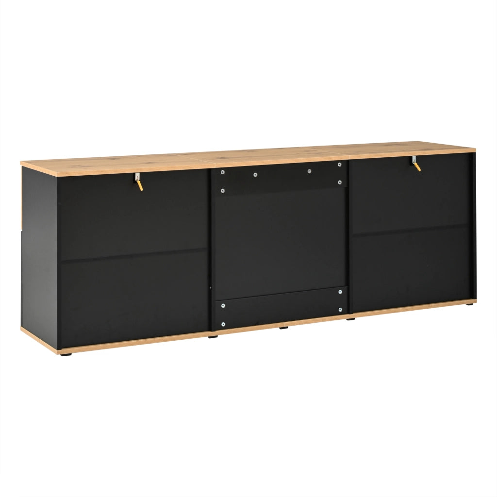 Mobile TV, 3 cassetti, adatto a televisori fino a 65 pollici, 168x38x59 cm, colore legno naturale e nero