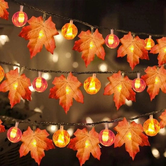 Lanterna a forma di foglia di quercia 6 m 40 led - Decorazione di Halloween e autunno - Slinga di foglie di quercia per festa di autunno