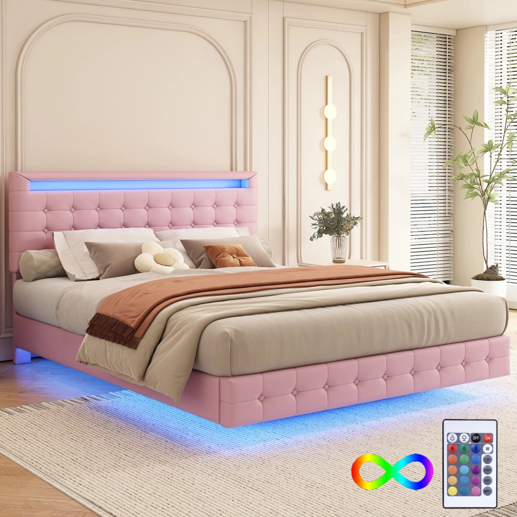 Letto Adulti 140×200 cm; Letto Matrimoniale con LED Regolabile e Testiera Regolabile; senza Materasso; PU; Rosa