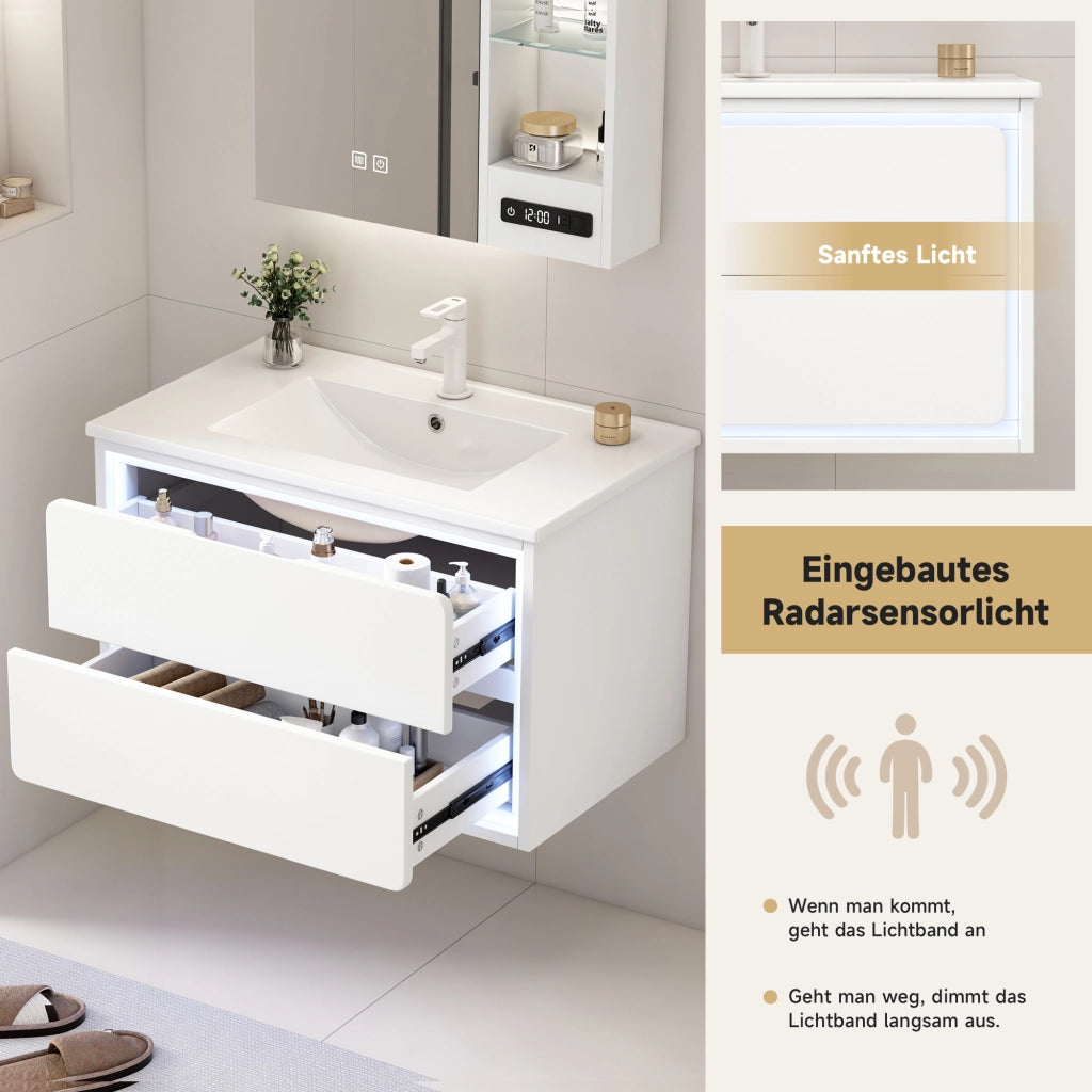 Mobile per lavabo singolo sospeso con 2 cassetti; LED a sensore; MDF e ceramica bianco 76 × 46 × 48.5 cm