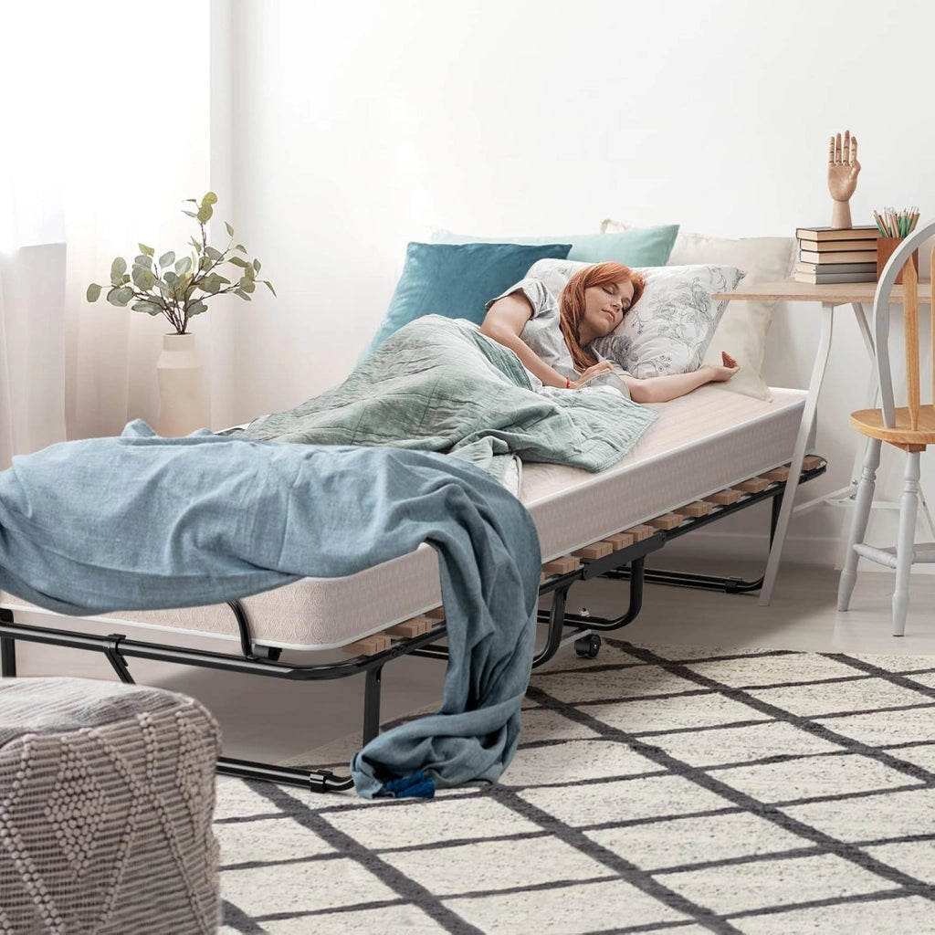 Letto Singolo Pieghevole con 4 Ruote, Portata di 120 kg, Letto Pieghevole con Materasso e 4 Gambe in Mettallo, Fibbia Fissata, 80 x 190 cm, Materasso di 10 cm, Ideale per Viaggio e di Riserva