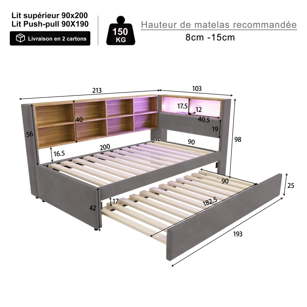 DESMIU Divano letto 90 × 200 cm 2 posti con LED, USB e Type-C, senza materasso, grigio scuro