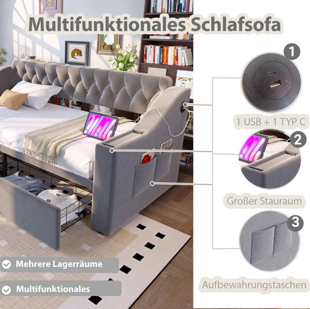 Divano letto imbottito 90x190 cm in velluto con USB; cassetti contenitore e braccioli grigio chiaro