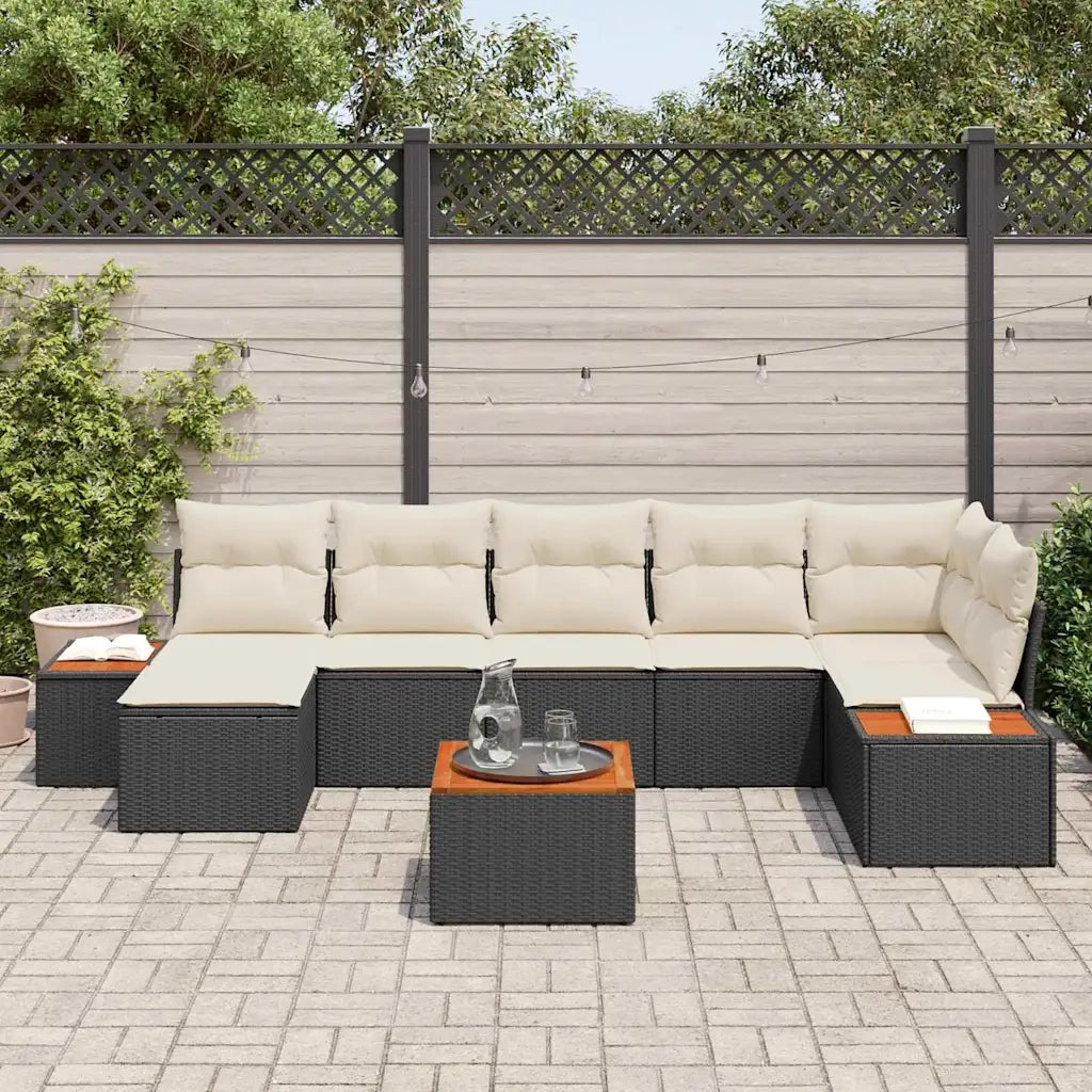 Set Divano da Giardino 8 pcs Nero e Crema Polyrattan