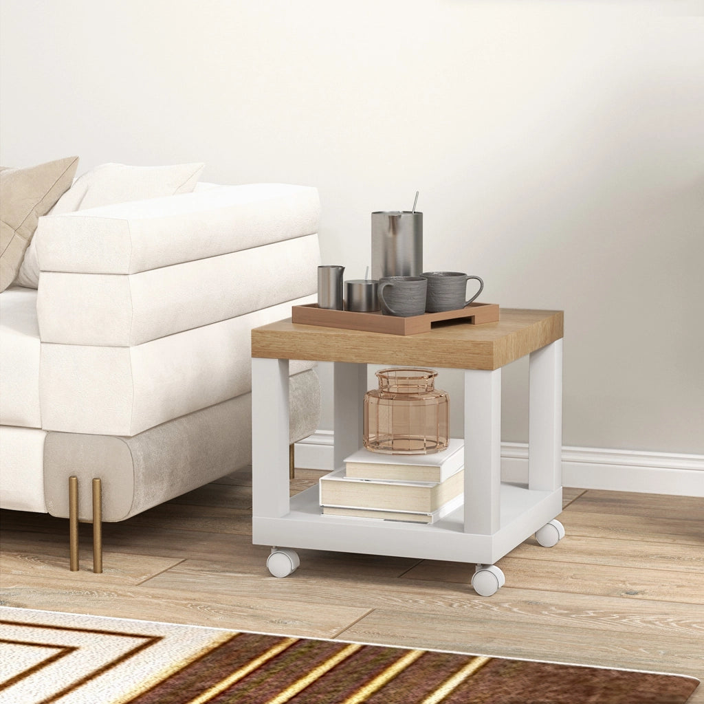 Tavolino con Ruote e Ripiano Aperto ¨C Zephmum ¨C Naturale e Bianco 40x40x40 cm