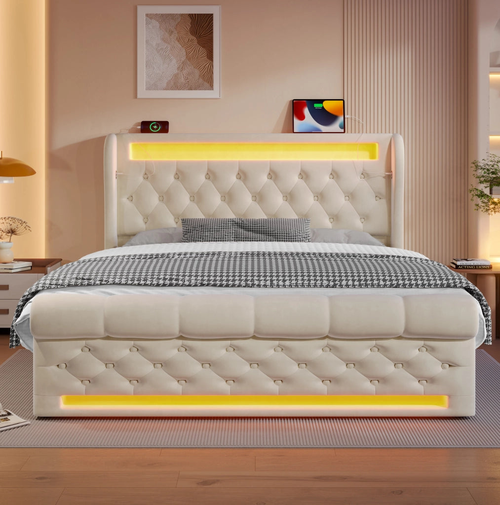 Letto matrimoniale 140x190 cm con LED, USB-C e vano contenitore