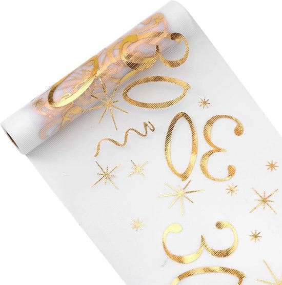 Decorazione per tavolo 30° compleanno, lenzuolo per tavolo 28 cm x 10 m, decorazione d'oro a rotolo, decorazione 30° compleanno uomo donna, tovaglia per tavolo con laccio per festa di compleanno e anniversario