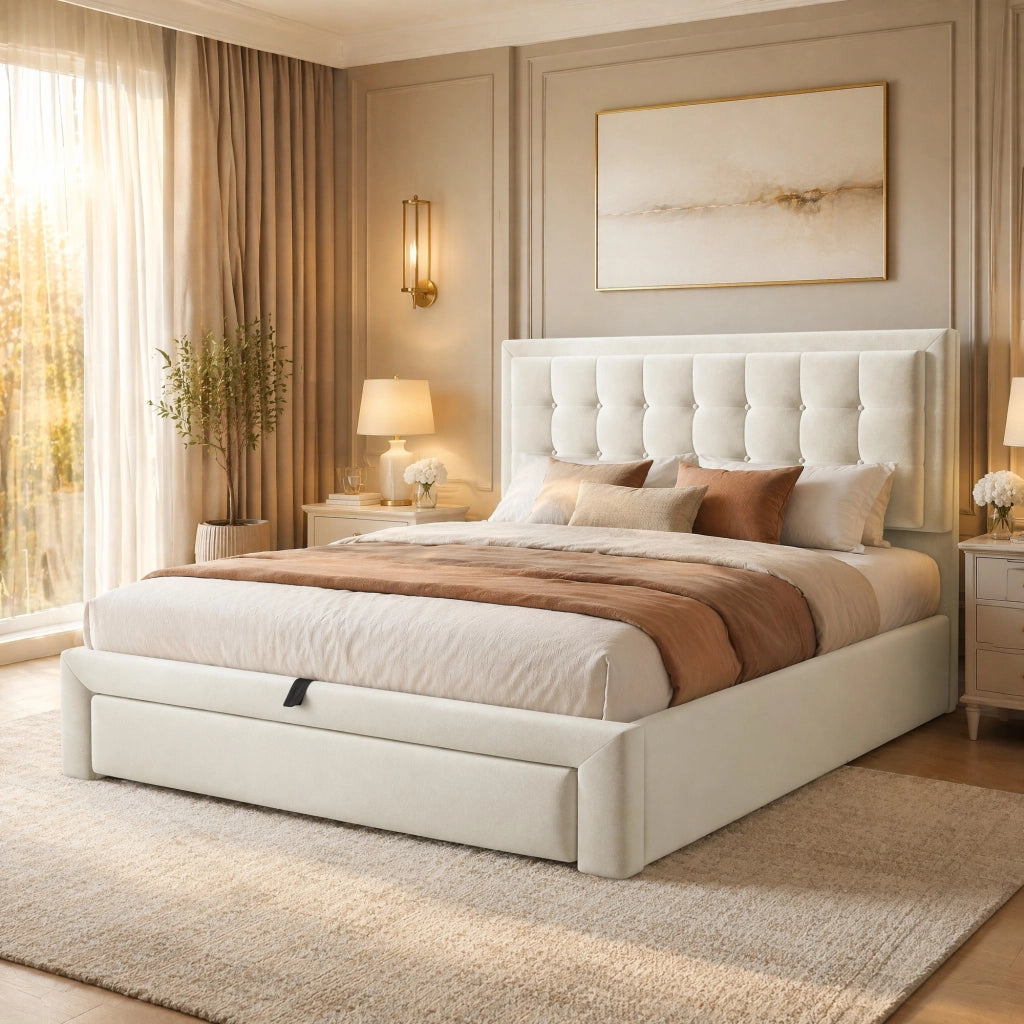 Letto imbottito 140x190 cm in velluto beige con testiera regolabile e contenitore