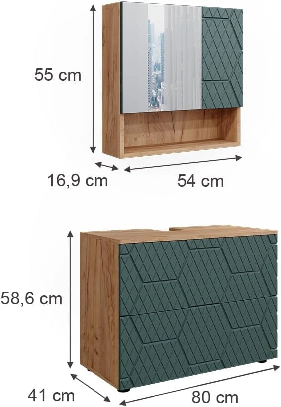 Set mobili bagno Irma, Quercia verde/oro, 2 parti