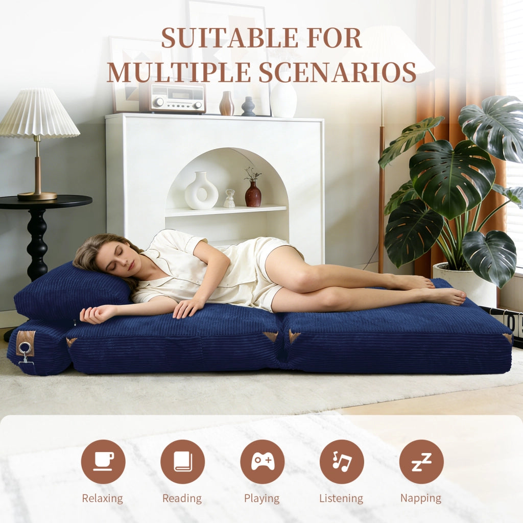 Divano letto pieghevole compatto con supporto avvolgente per piccoli spazi in flanella blu 52.0 × 42.0 × 33.0 cm