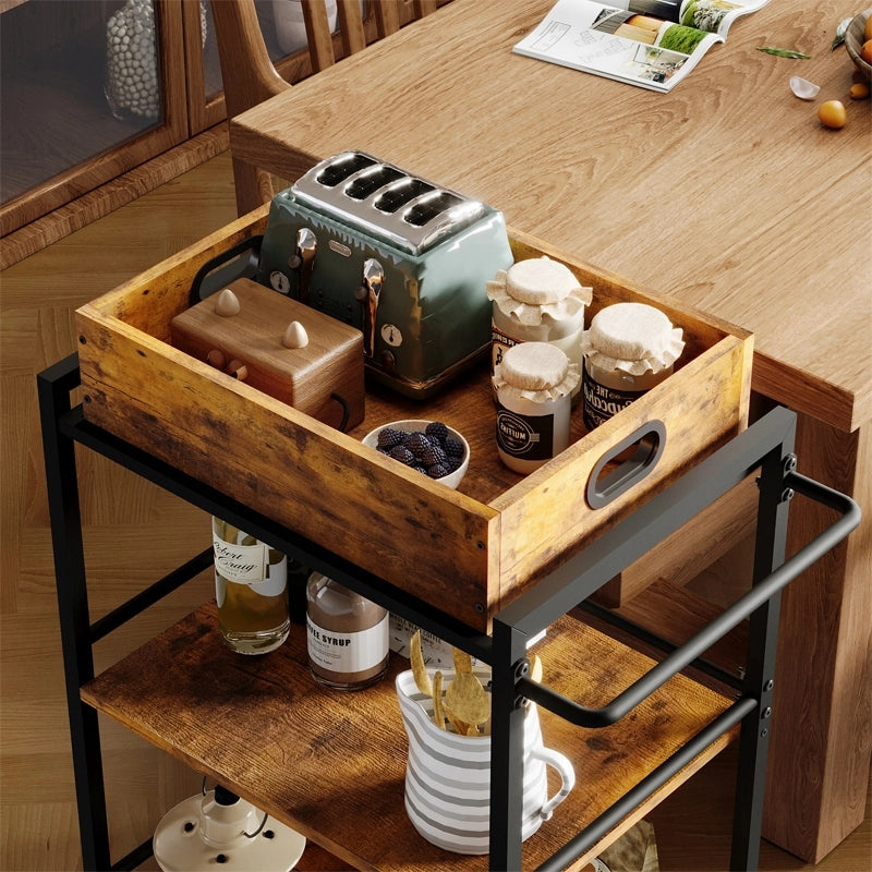 Carrello da cucina con vassoio rimovibile, marrone, stile vintage/retrò/loft, su ruote, 86 cm