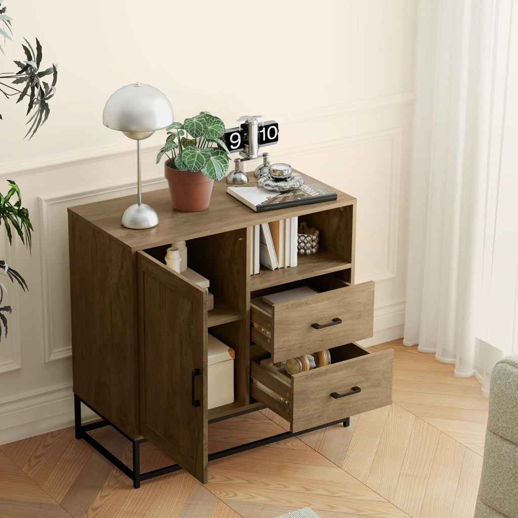 Credenza Mobile Basso Multiuso Armadietto Cassetti e Vani a Giorno  80x40x78 cm in Legno e Acciaio Marrone