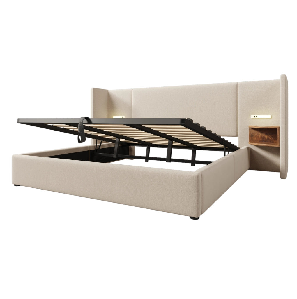 Letto matrimoniale 180x200 cm con testiera multifunzione; luce di lettura; USB e Type-C; beige