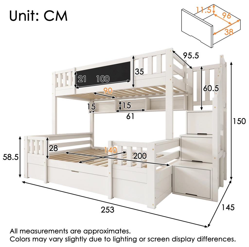 Letto a castello bambini 90x200 e 140x200 cm bianco