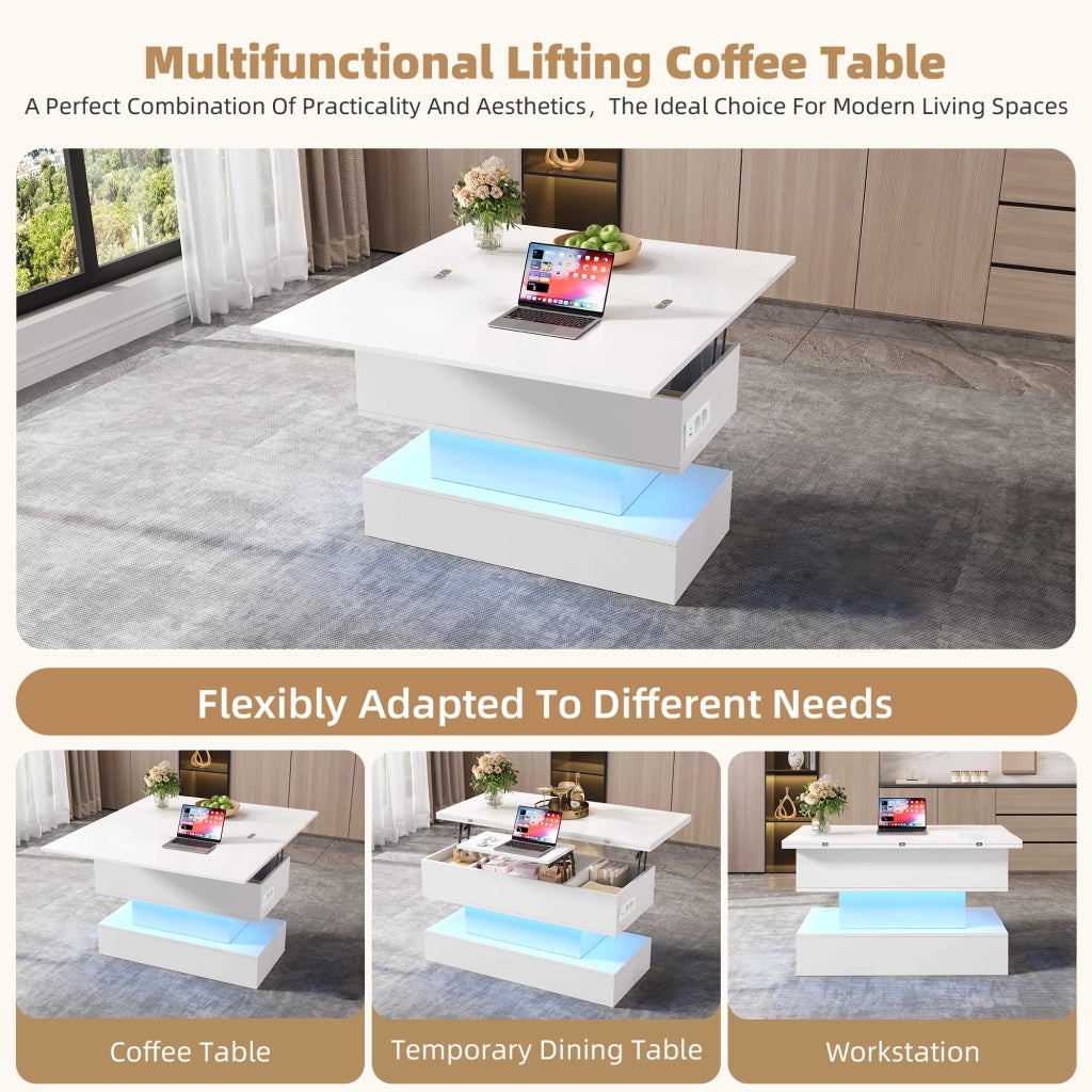 Tavolino da salotto sollevabile bianco 100x50cm con luci LED e prese USB