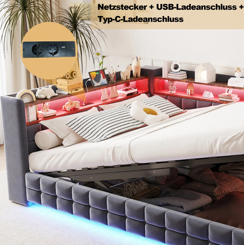 Letto imbottito multifunzionale 140 x 200 cm grigio con vano idraulico e LED