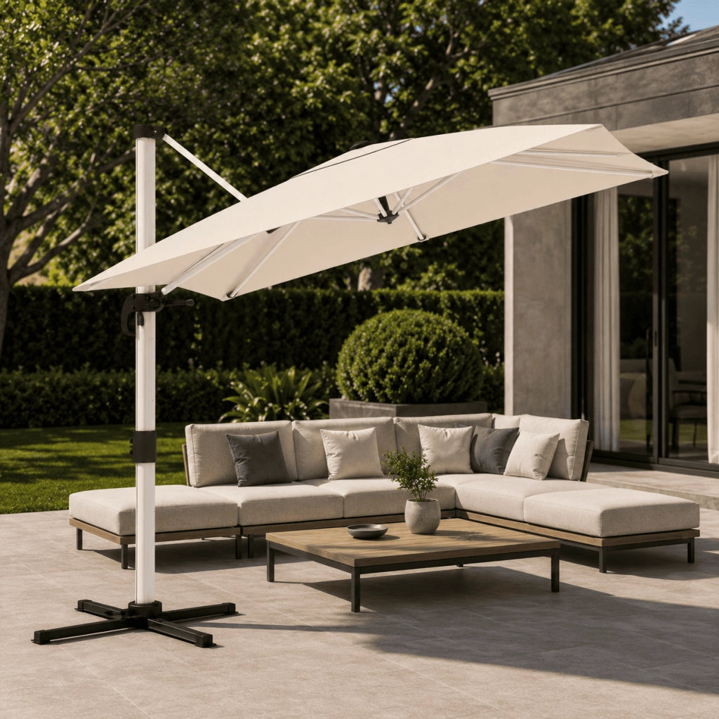 Ombrellone Decentrato 3X3 Metri Con Base A Croce Per Giardino Terrazza Patio E Piscina Struttura In Alluminio Antiruggine Telo Impermeabile UV50+ Inclinabile 300 x 300 x 260 Cm Beige