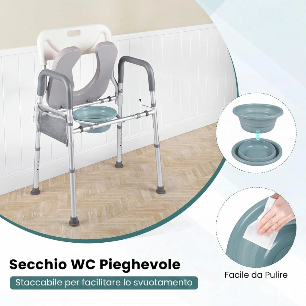 Ringhiera di Sicurezza per WC portata 136 kg, Barra Bagno in Alluminio con Altezza Regolabile 49-59 cm, Maniglie Antiscivolo e Schienale Rimovibile, Sedile WC per Anziani e Donne Incinte