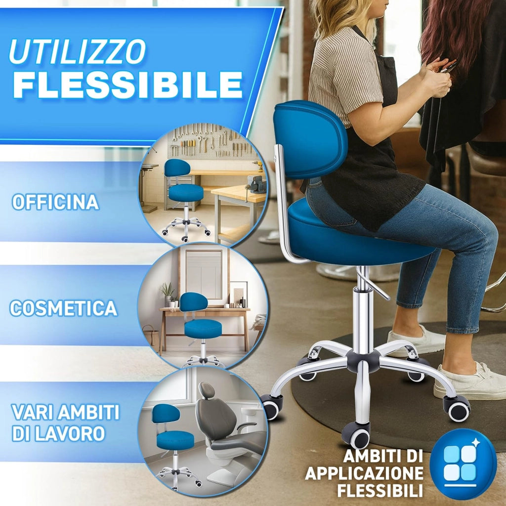 Sgabello con ruote con schienale blu, altezza regolabile da 46 a 58 cm, con ruote, sgabello girevole per cosmetici