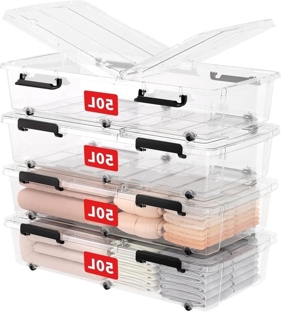 Cassetto di archiviazione con coperchio - 50L - 4 pezzi - Stivabile - Sicuro per alimenti - Transparente