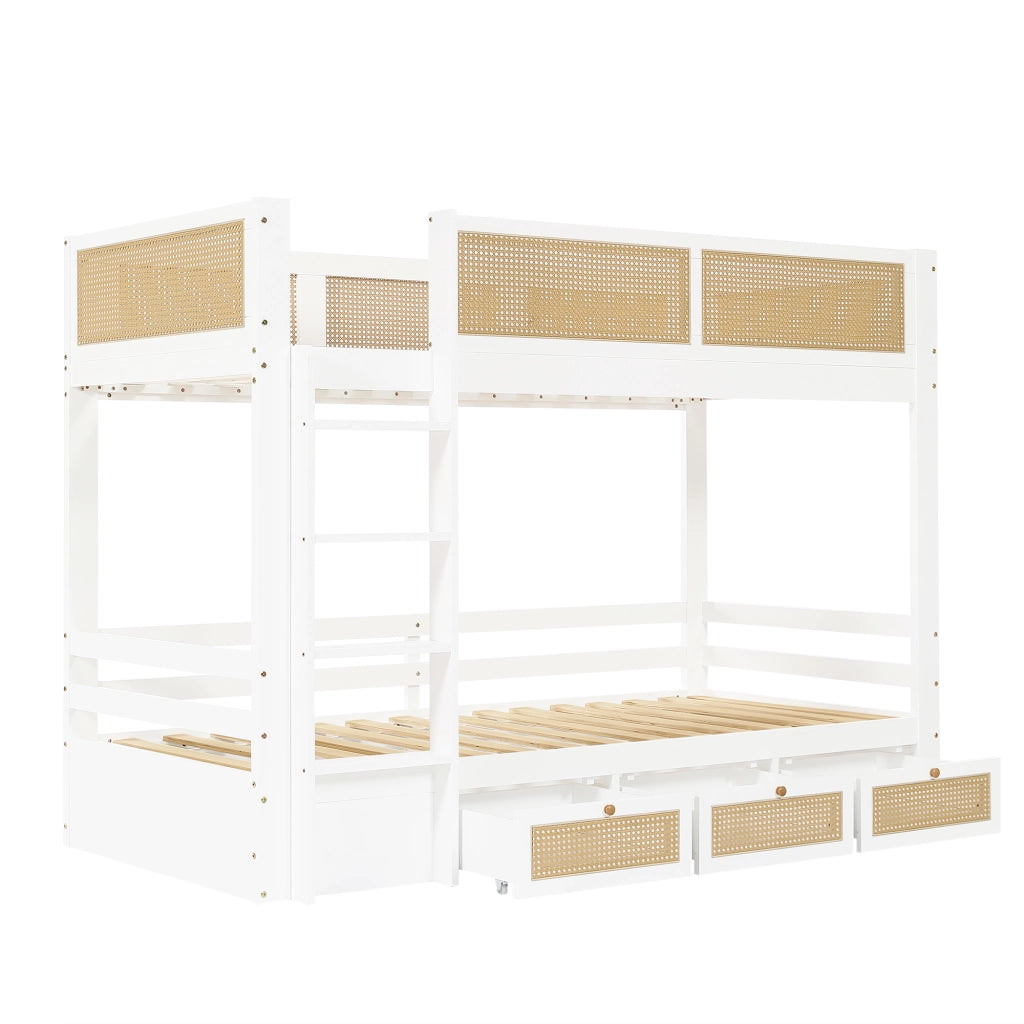 Letto a Castello per Bambini 90x200 cm; 3 Cassetti; sponde e scala - Bianco Naturale