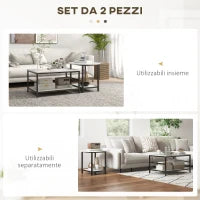 Set 2 Tavolini da Caffè a 2 Livelli in Truciolato e Acciaio con Piano d'Appoggio Effetto Marmo, Bianco e Nero