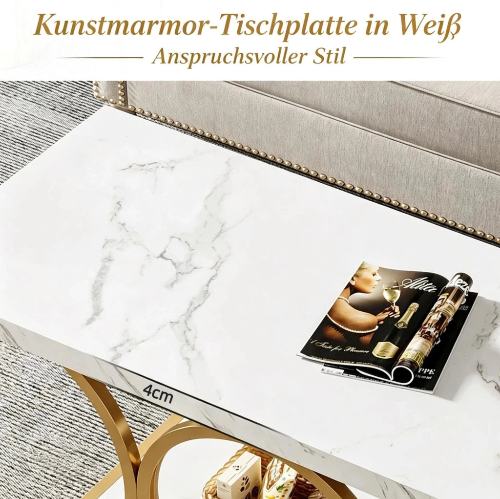 TAVOLINO da caffè 120x59,5x48 cm Marmo artificiale Bianco e Metallo Oro
