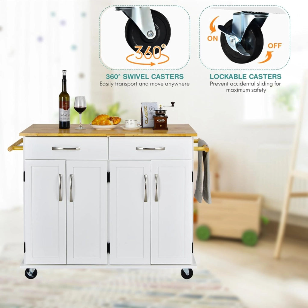 Carrello da cucina a isola con piano di lavoro, carrello da portata in legno con ruote bloccabili, trolley da cucina con 2 cassetti/portasciugamani/doppia porta, mobile da cucina (bianco)