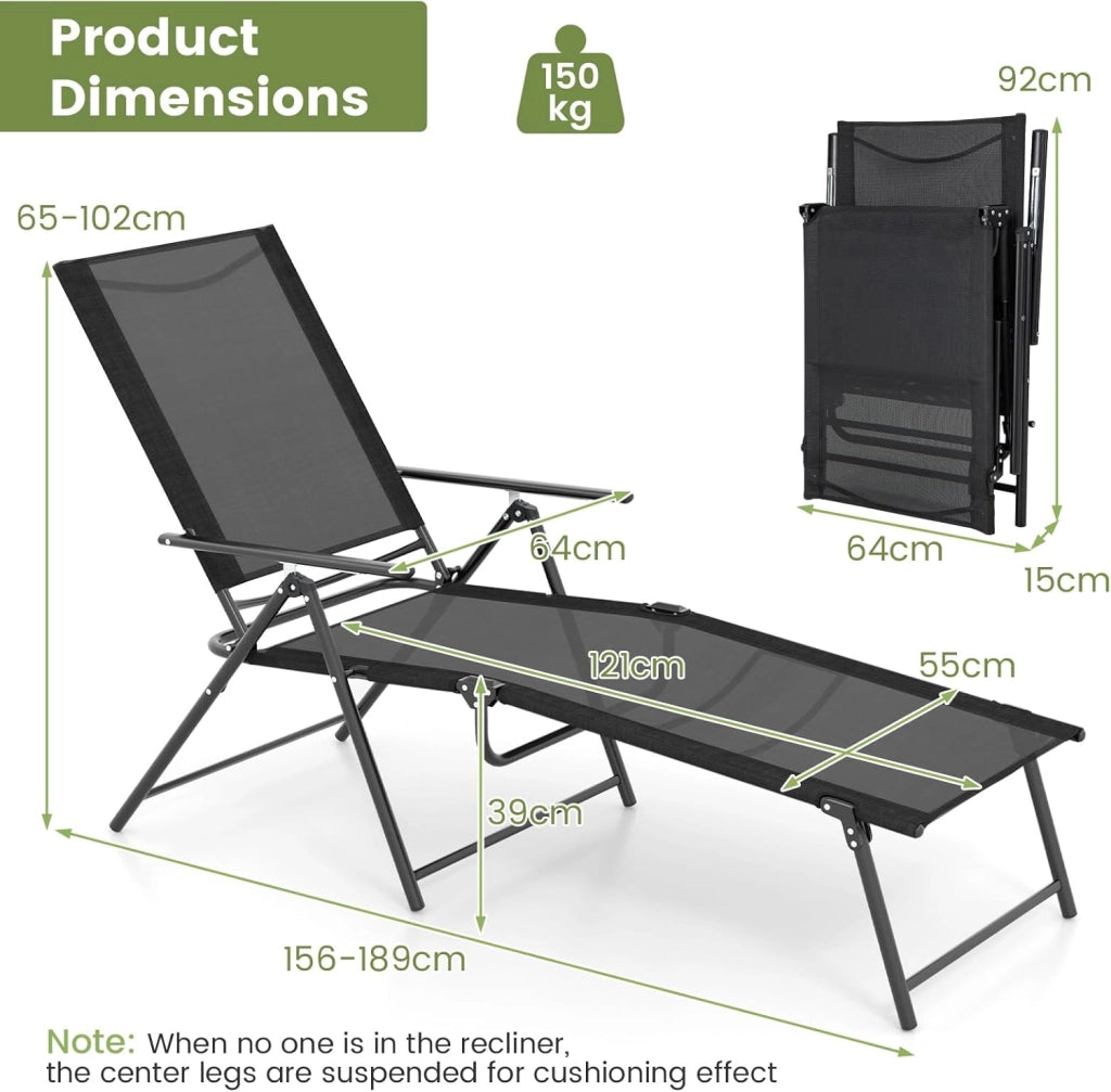 Set di 2 sedie a sdraio pieghevole con schienale regolabile, sdraio da spiaggia per giardino, spiaggia, piscina (nero)