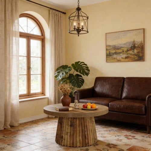 Tavolino basso rotondo con base a colonna scanalata in MDF marrone, piano da 80 cm, per soggiorno