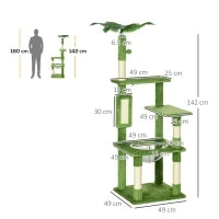 Albero per Gatti Multilivello con Amaca, Tiragraffi, Pallina e Foglie Decorative, 49x49x142 cm, Verde