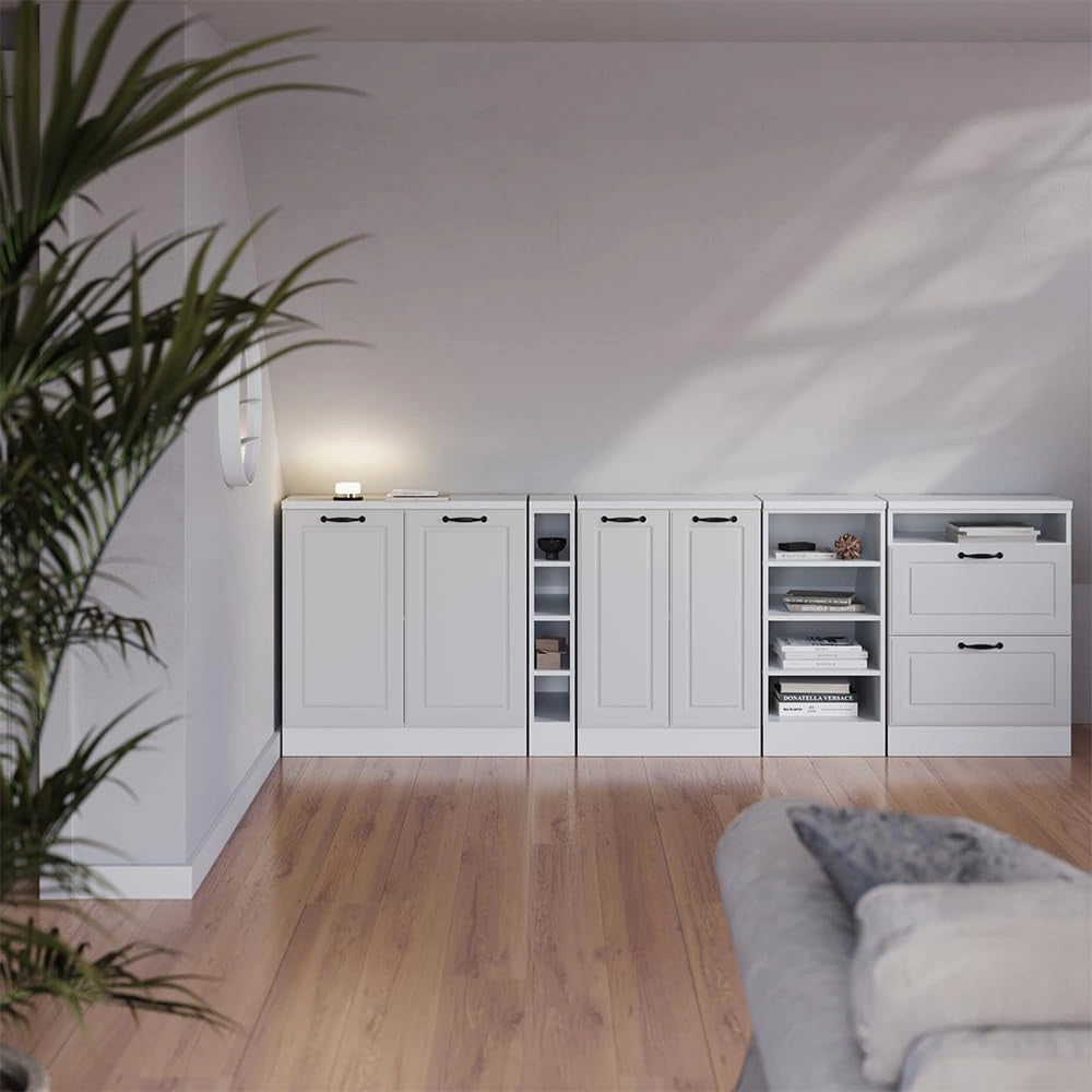 Set di mobili sottotetto Rion, Bianco casa di campagna, 140 cm Set di 2 carcasse armadio profondità 60 cm, adatto per il salvaspazio sotto tetti spioventi