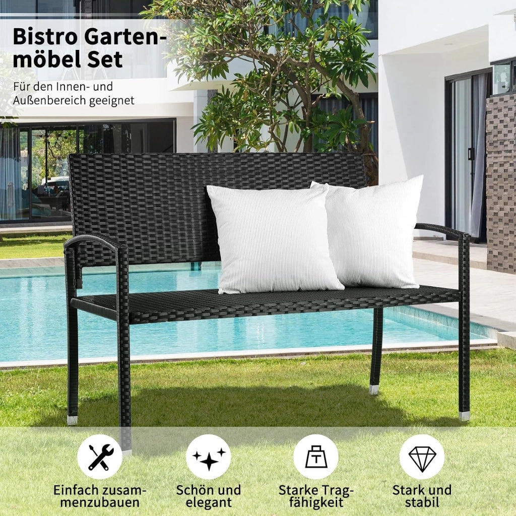 Panca da Giardino in Rattan, Panca da Balcone a 2 Posti, Resistente Alle Intemperie, Bifacciale in Rattan, Sedia da Giardino per Esterno, Terrazze e Balcone, 122x62x90 cm, Nero