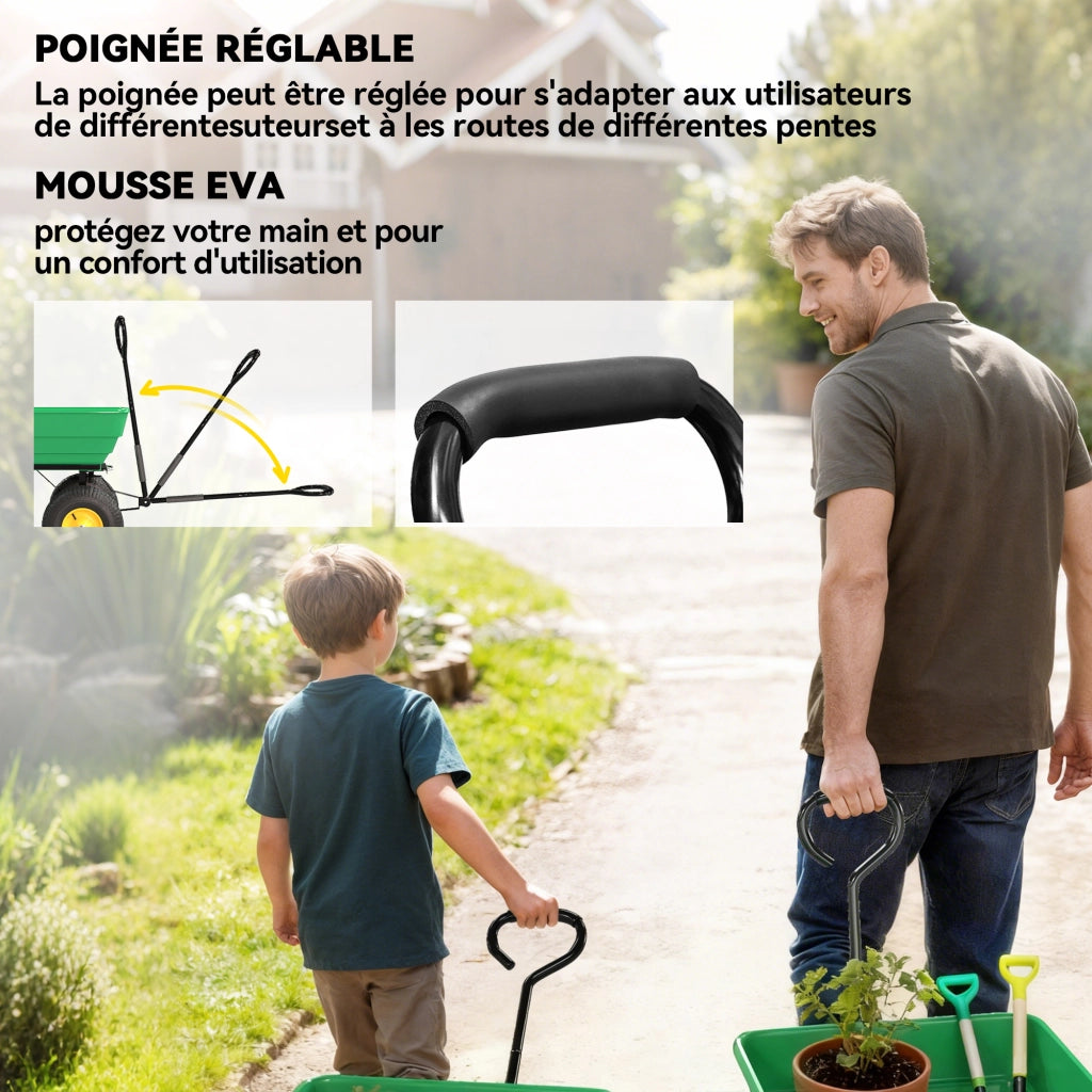 Carrello da Giardino 4 Ruote ¨C zephmum ¨C Giallo Verde 75L 200kg