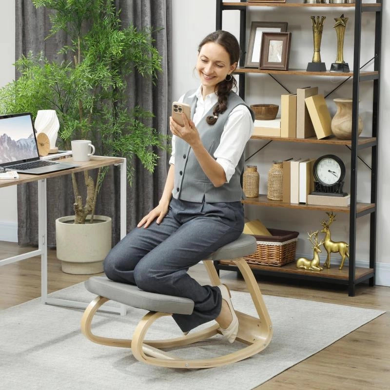 SEDIA INGINOCCHIATOIO CON MOVIMENTO A DONDOLO, IN TESSUTO E LEGNO DI BETULLA, 50X73X55 CM, GRIGIO