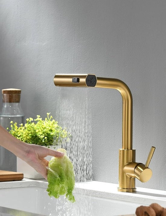 Kraan da 360° girevole, retrattile per cucina - finitura lucida oro (non inclusi tubi per acqua calda e fredda)