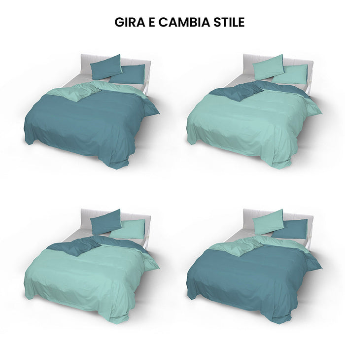 Copripiumino Singolo con Sacco e Federe Doubleface Ottanio/Verde Acqua
