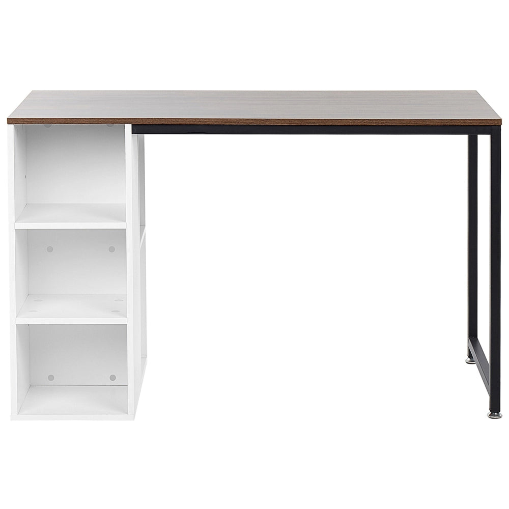 Scrivania da casa Piano in legno scuro Gamba in acciaio in metallo Nero Ripiani bianchi Contenitori 120 x 60 cm