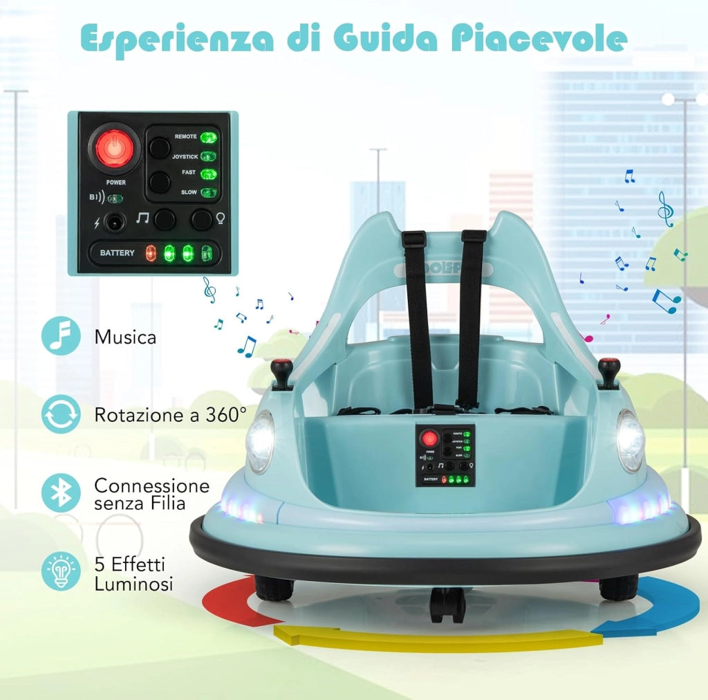 Autoscontro Elettrico per Bambini, 12V Macchina Cavalcabile Rotazione a 360° con Telecomando, 5 Effetti Luce, Musica e Cintura di Sicurezza, Macchina Cavalcabile per Bambini 3+ Anni (Blu)