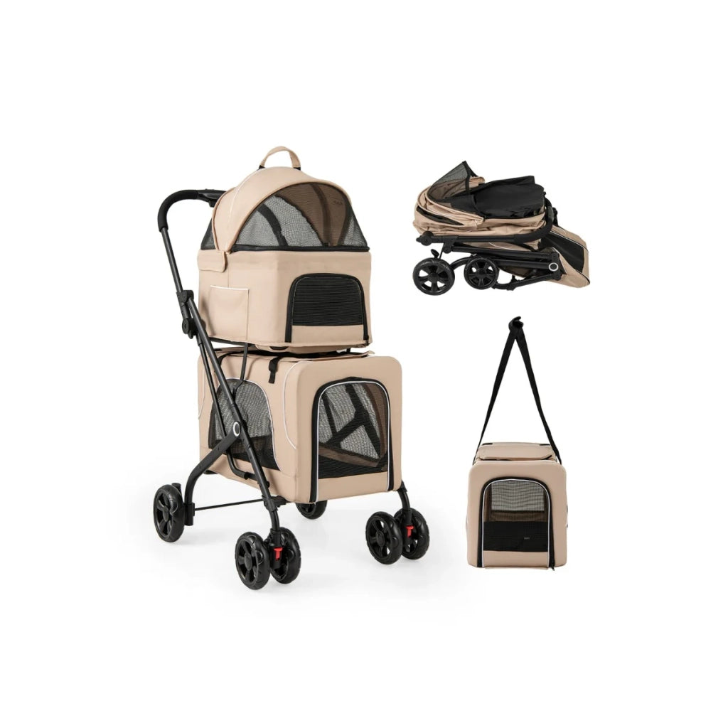Passeggino doppio pieghevole per cani 53 x 84 x 105 cm design ergonomico 3 in 1 moderno in tessuto Oxford beige 20_0013273