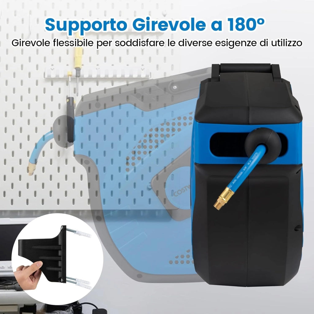 Avvolgitubo Aria Compressa da Parete, Tubo Aria Ibrido da 15 M con Tubo di Alimentazione da 1,5 M, Supporto Girevole a 180°, Avvolgitubo Automatico Retrattile per Garage e Officina