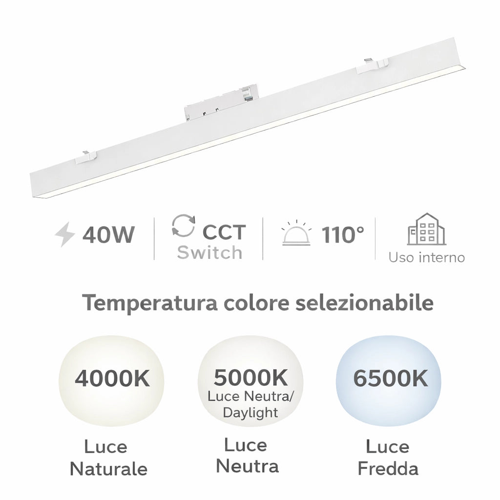 Barra LED Nera Lineare per Binario Trifase 40W CCT Switch 110° Luce Professionale per Negozi e Showroom