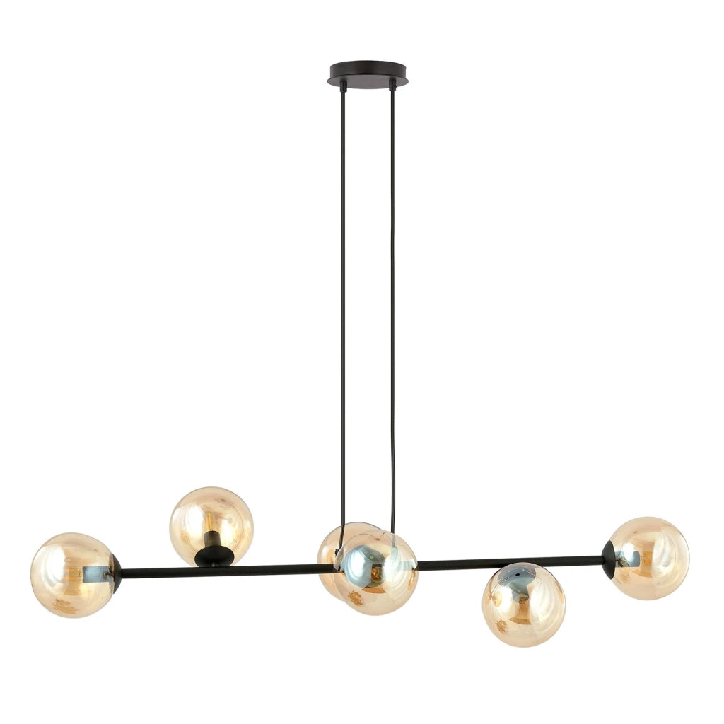 Lampadario Contemporaneo 6 Luci Durga In Acciaio Nero E Sfere In Vetro Ambra