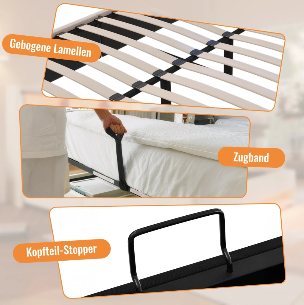 Letto imbottito 180x200 cm con contenitore, USB e portabicchieri
