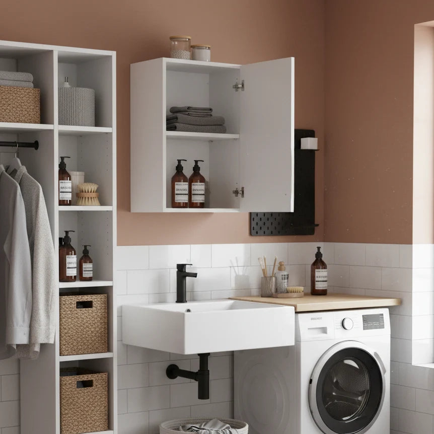 Pensile 1 Anta Bianco Frassinato 40×69×33 cm | Mobile Sospeso Salvaspazio con Ripiano Regolabile | Già Assemblato per Bagno, Cucina, Lavanderia e Ingresso
